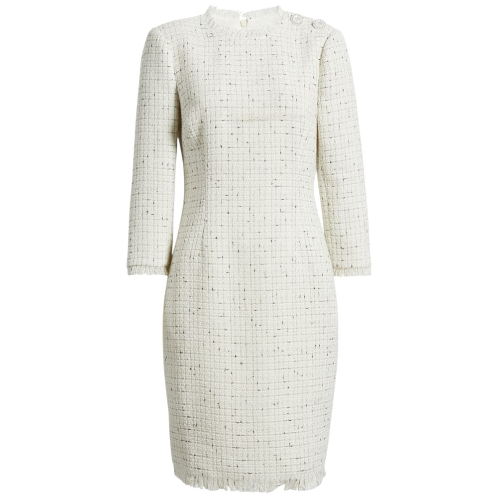 ELIZA J New With Tag Fringe Trim Bouclé Tweed Sheath Dress Ivory White Size 6